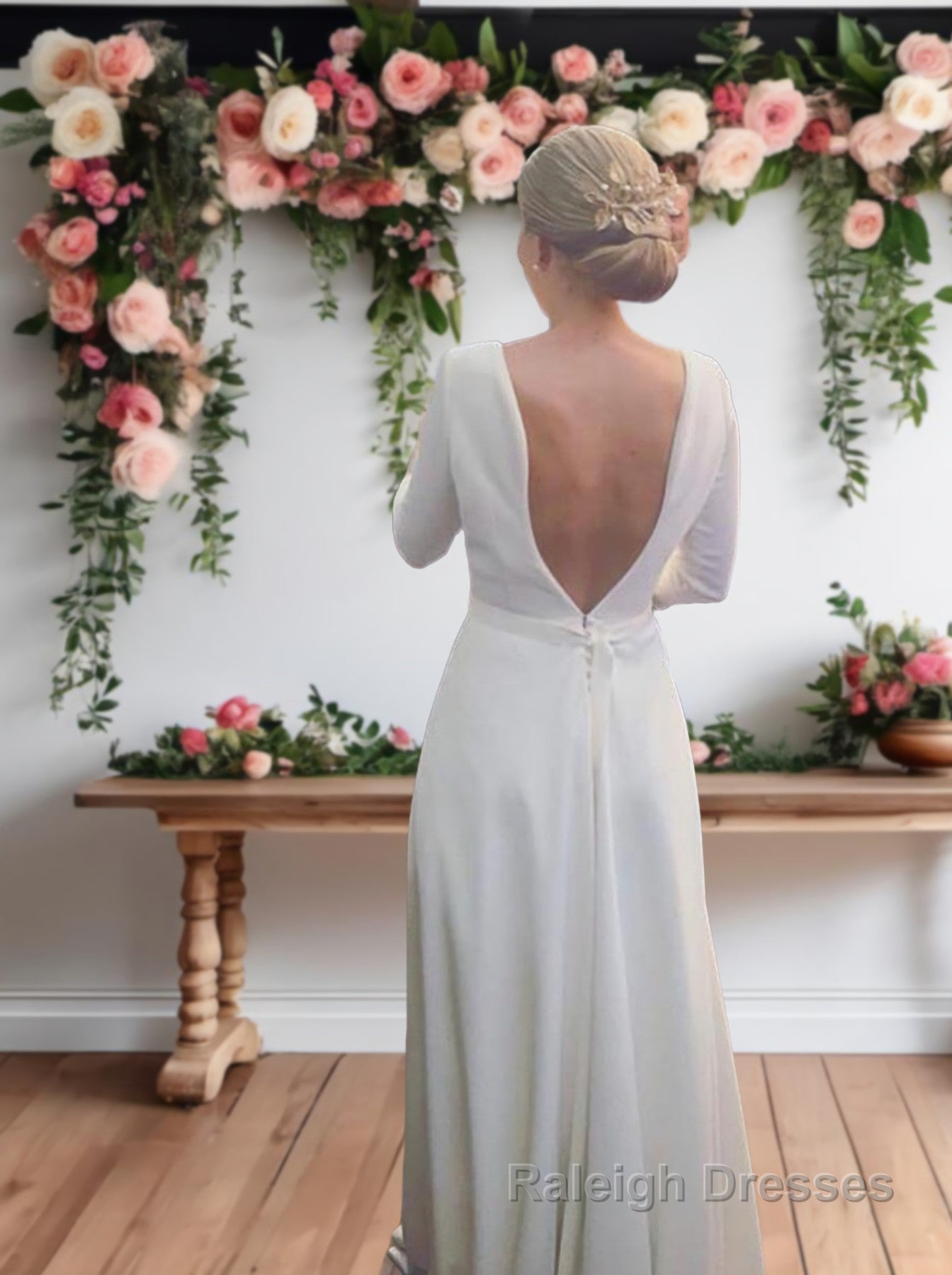 A Line Scoop Sweep Train Stretch Crepe Wedding Dresses With Ruffles