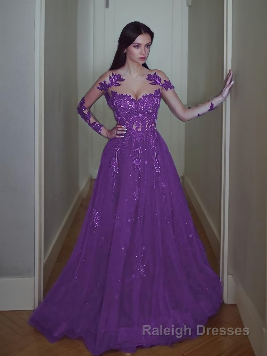 A-Line/Princess Scoop Sweep Train Tulle Prom Dresses With Appliques Lace Main image