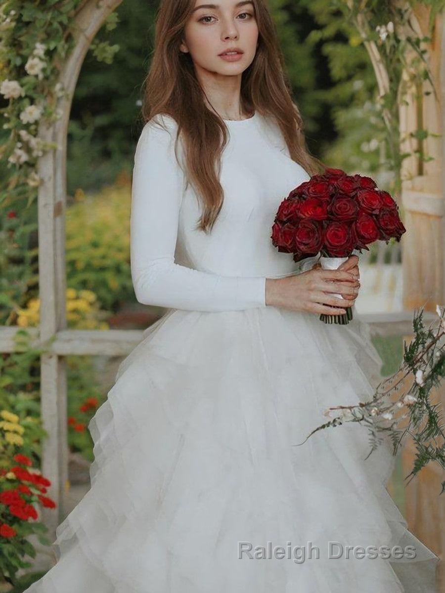 A Line Scoop Sweep Train Tulle Wedding Dresses