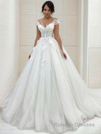 A Line Scoop Sweep Train Tulle Wedding Dresses