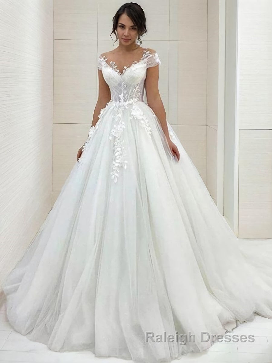 A Line Scoop Sweep Train Tulle Wedding Dresses
