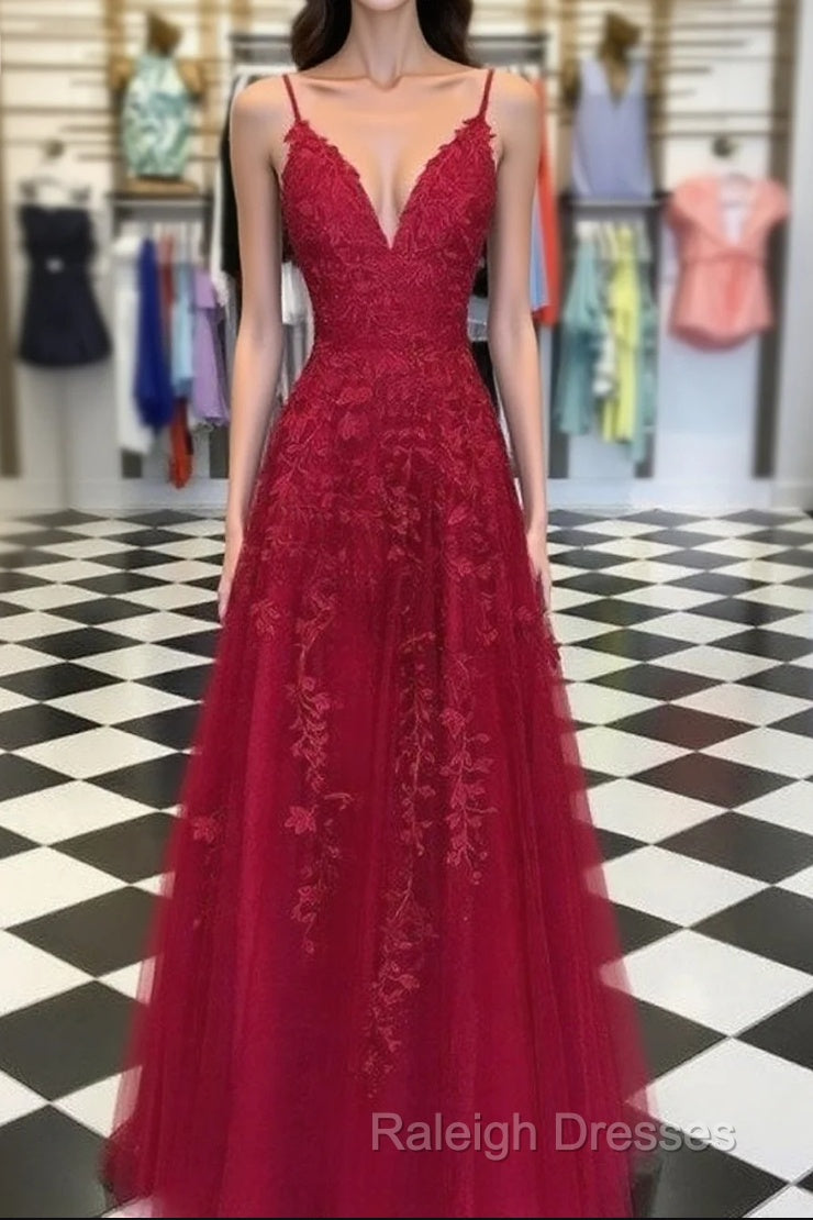 A-Line/Princess Sleeveless V-Neck Floor-Length Applique Tulle Dresses