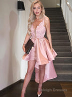 A Line Spaghetti Straps Asymmetrical Satin Homecoming Dresses
