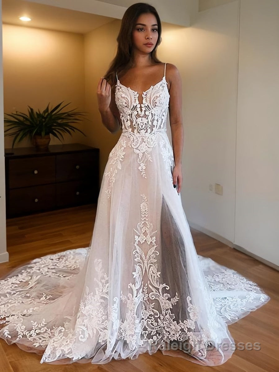 A-Line/Princess Spaghetti Straps Chapel Train Tulle Wedding Dresses With Leg Slit Main image