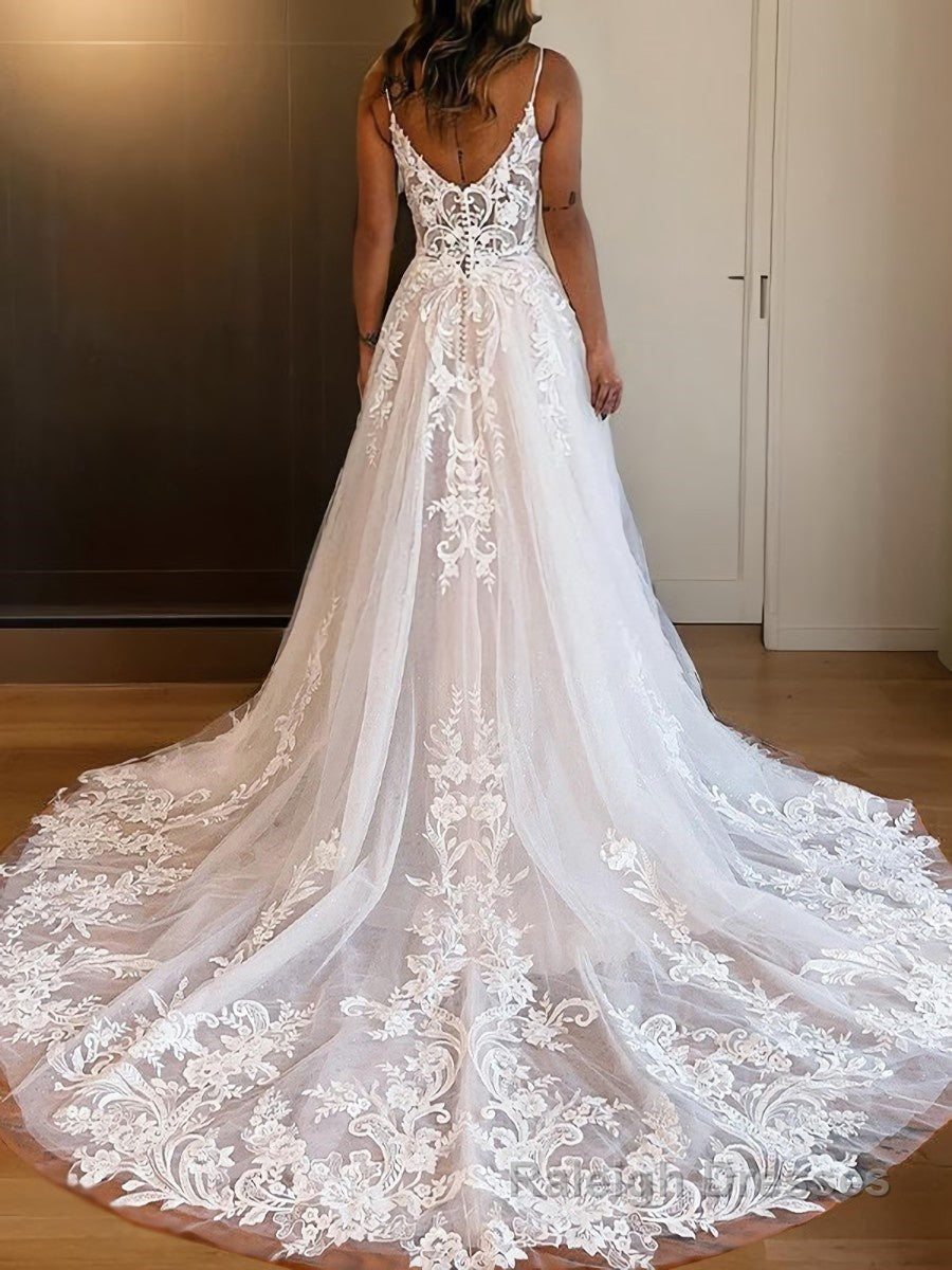 A-Line/Princess Spaghetti Straps Chapel Train Tulle Wedding Dresses With Leg Slit Secondary image