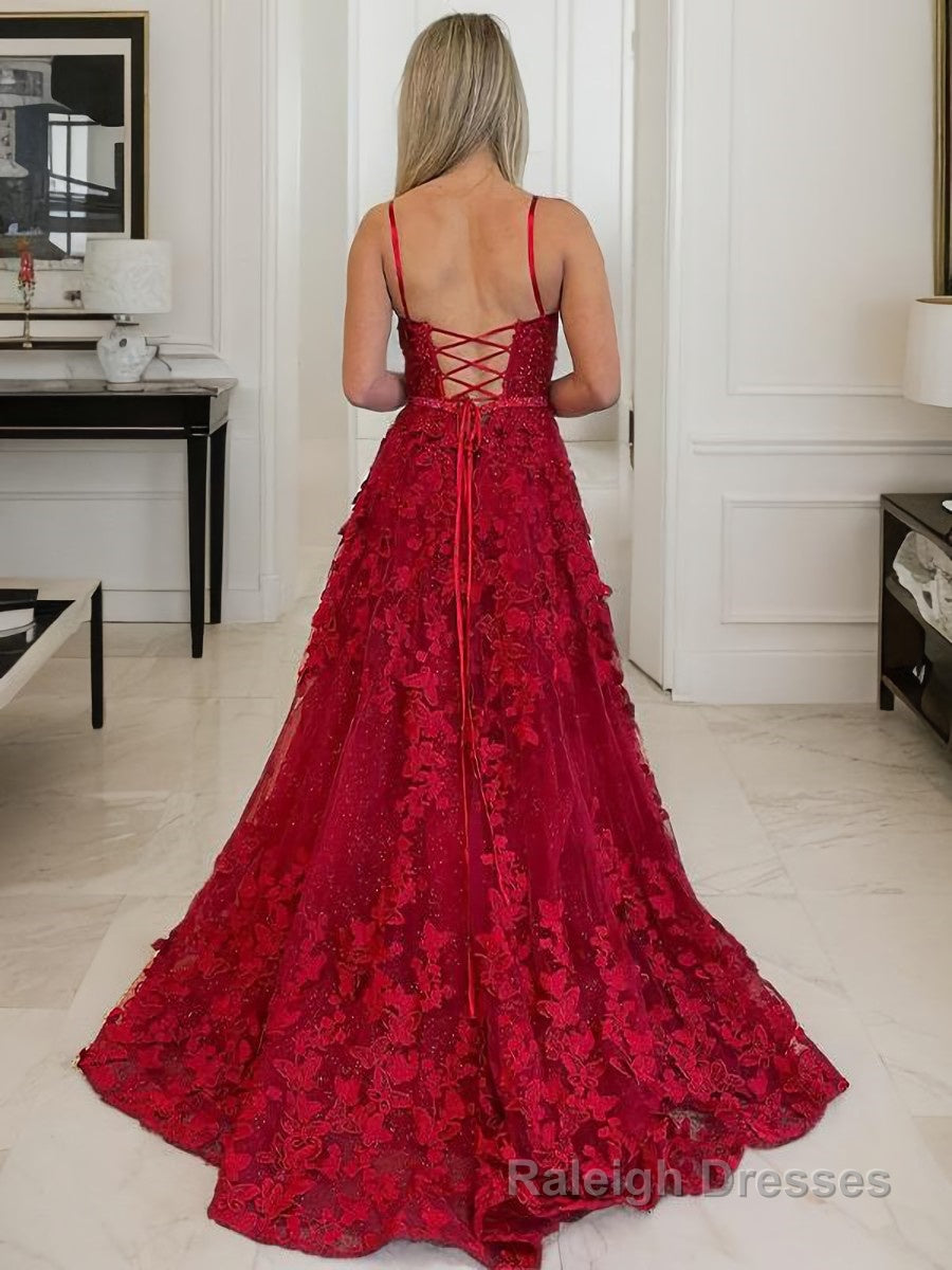 A-Line/Princess Spaghetti Straps Court Train Tulle Prom Dresses With Leg Slit Secondary image