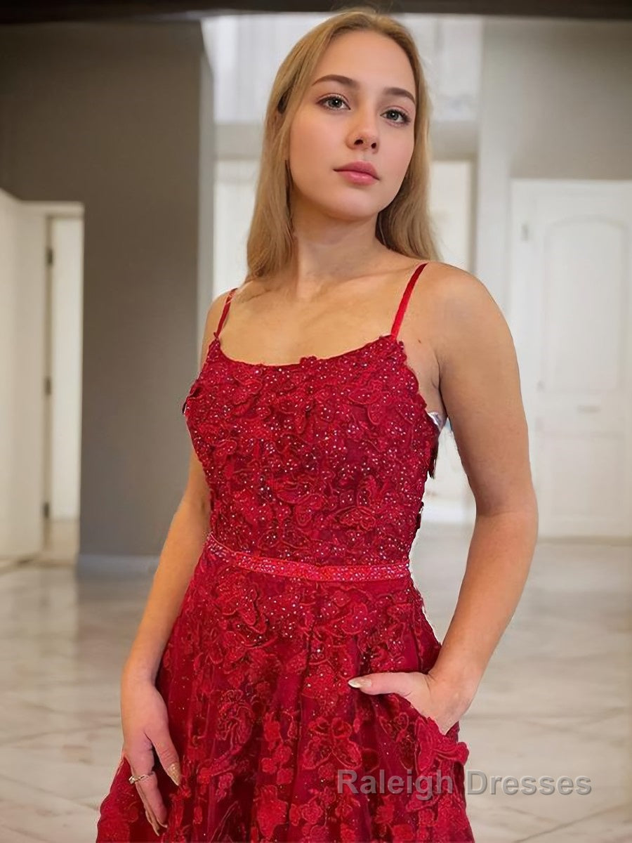 A Line Spaghetti Straps Court Train Tulle Prom Dresses With Leg Slit