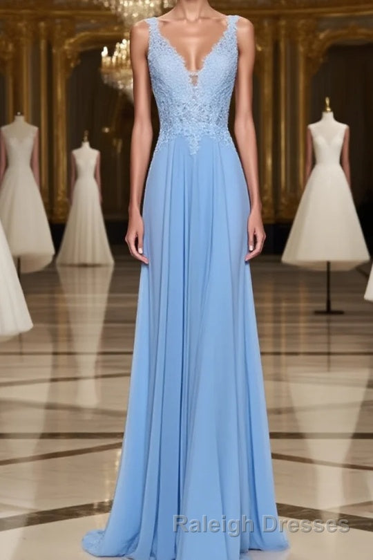 A-Line/Princess Spaghetti Straps Floor-Length Chiffon Prom Dresses With Appliques Lace Main image