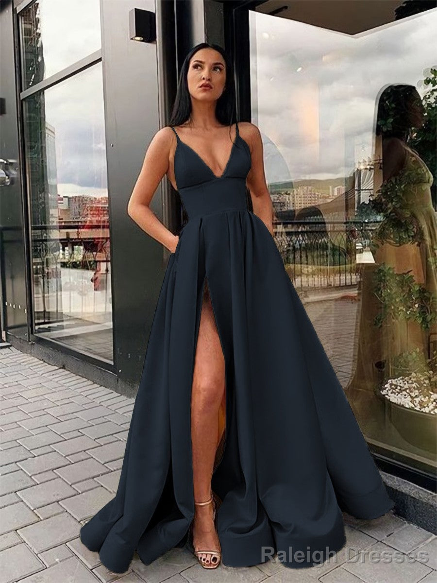 A Line Spaghetti Straps Floor Length Satin Prom Dress With Leg Slit