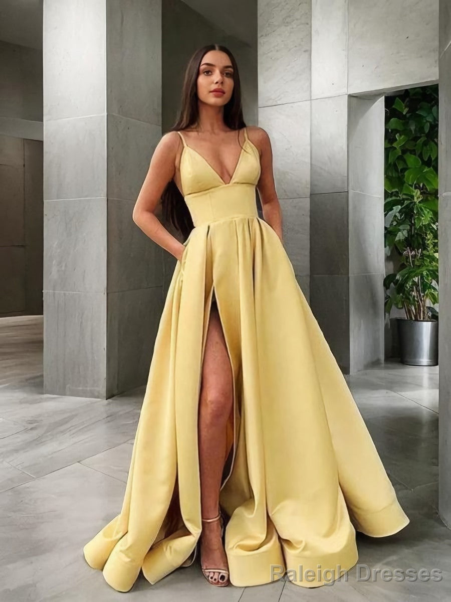A Line Spaghetti Straps Floor Length Satin Prom Dress With Leg Slit Main image