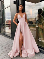 A-Line/Princess Spaghetti Straps Floor-Length Satin Prom Dresses With Leg Slit
