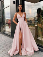 A Line Spaghetti Straps Floor Length Satin Prom Dress With Leg Slit