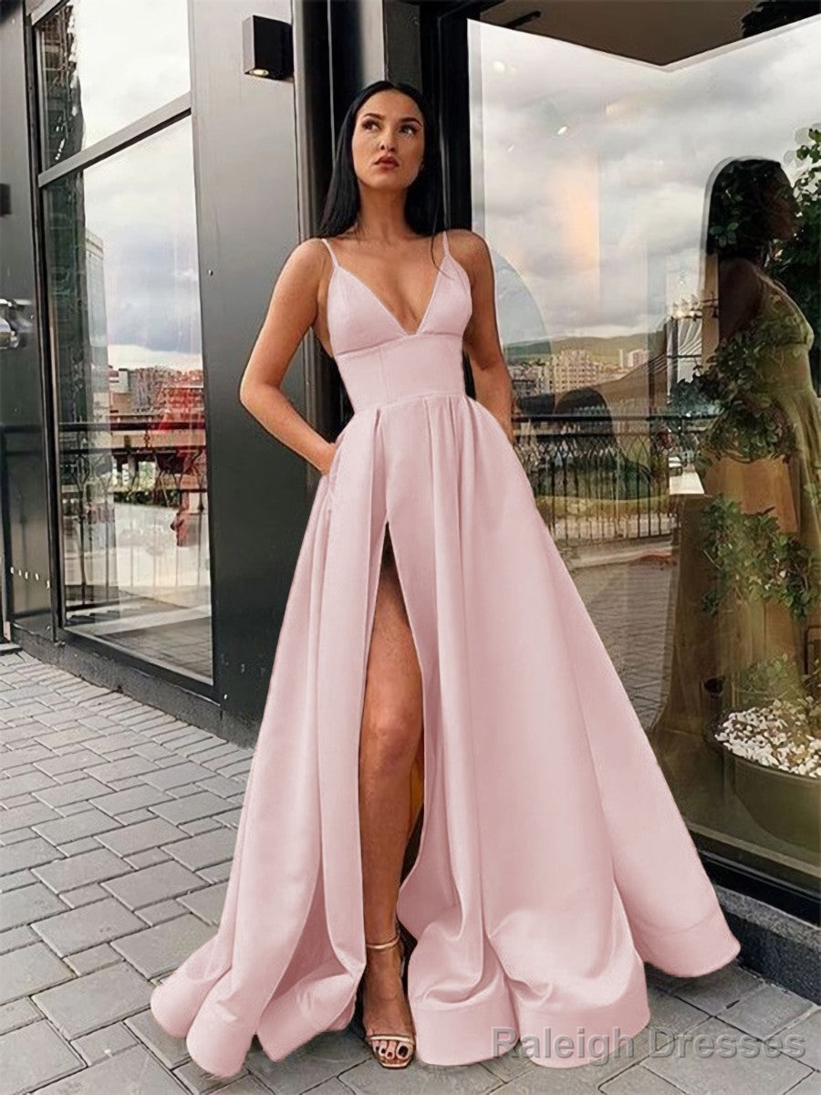A Line Spaghetti Straps Floor Length Satin Prom Dress With Leg Slit
