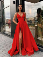 A Line Spaghetti Straps Floor Length Satin Prom Dress With Leg Slit