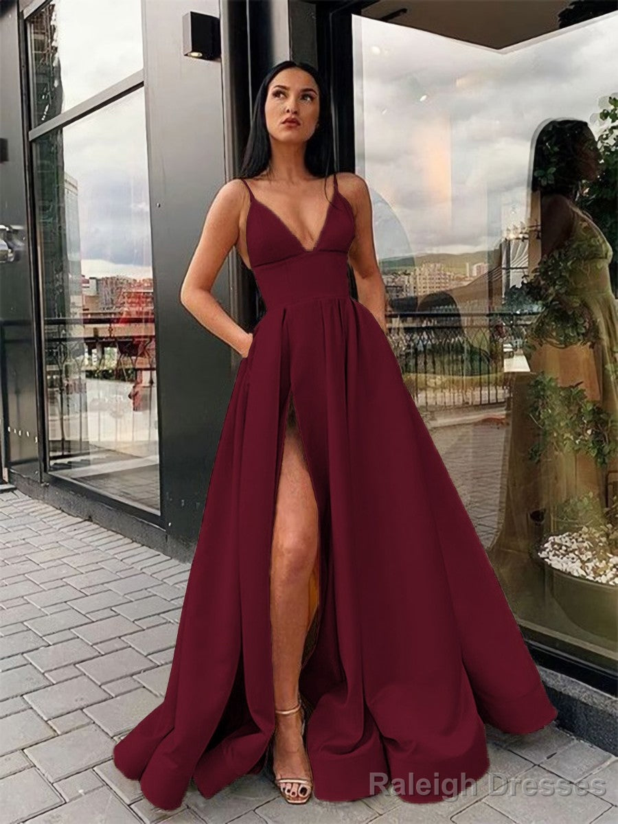 A Line Spaghetti Straps Floor Length Satin Prom Dress With Leg Slit