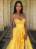 A Line Spaghetti Straps Floor Length Satin Prom Dresses With Leg Slit