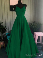 A-Line/Princess Spaghetti Straps Floor-Length Satin Prom Dresses With Ruffles