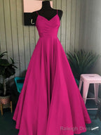 A Line Spaghetti Straps Floor Length Satin Prom Dress With Ruffles