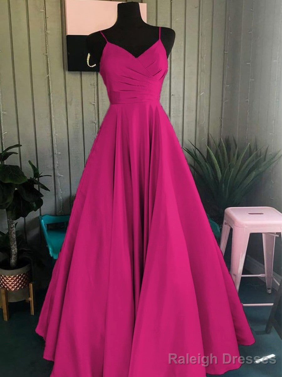 A Line Spaghetti Straps Floor Length Satin Prom Dress With Ruffles