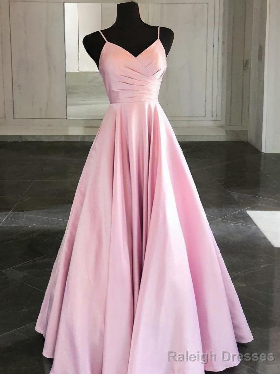 A Line Spaghetti Straps Floor Length Satin Prom Dress With Ruffles Main image