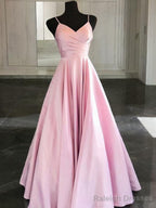 A Line Spaghetti Straps Floor Length Satin Prom Dress With Ruffles