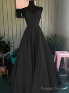 A-Line/Princess Spaghetti Straps Floor-Length Satin Prom Dresses With Ruffles