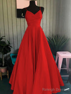 A-Line/Princess Spaghetti Straps Floor-Length Satin Prom Dresses With Ruffles