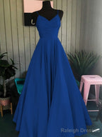 A Line Spaghetti Straps Floor Length Satin Prom Dress With Ruffles