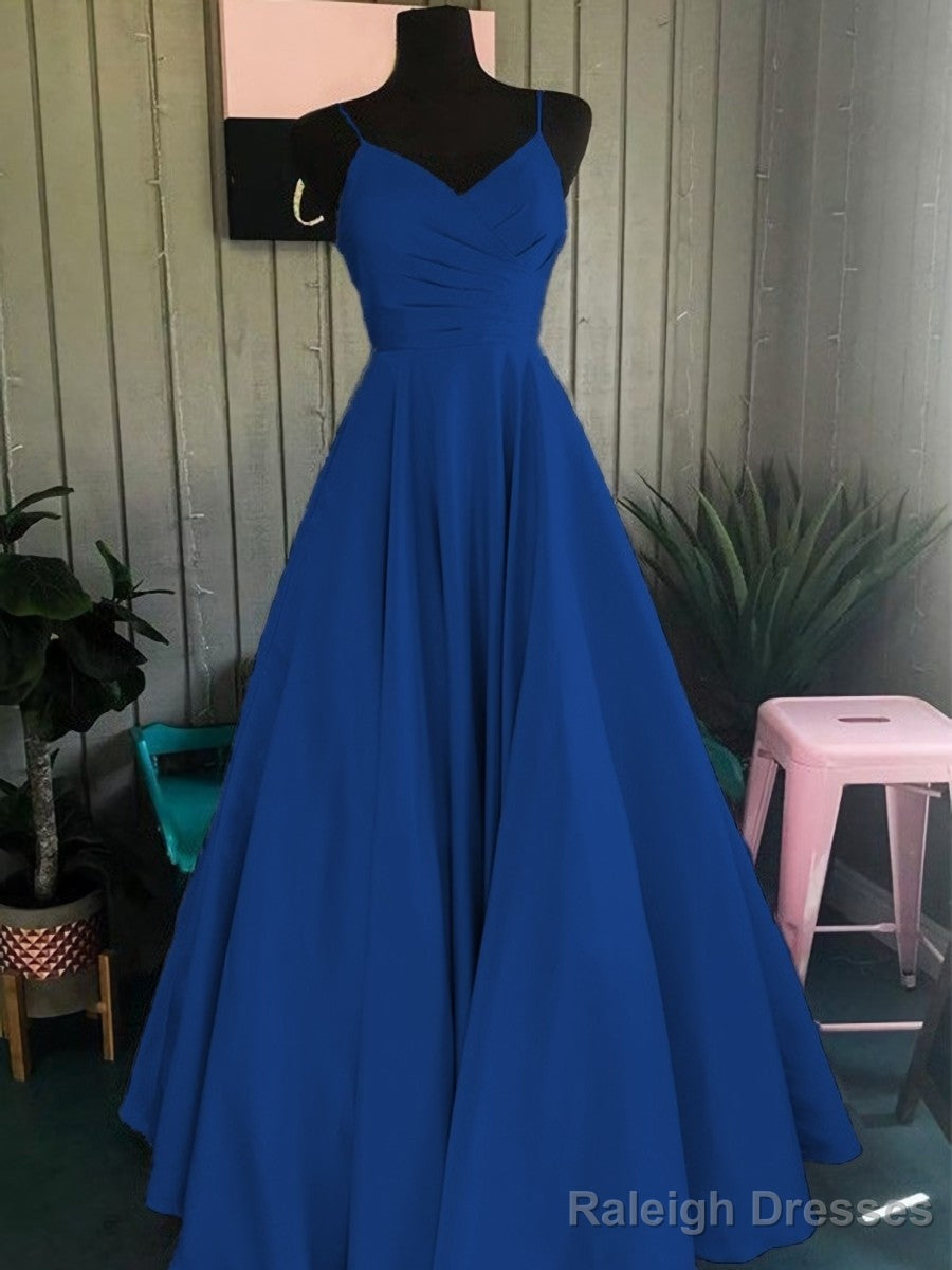 A Line Spaghetti Straps Floor Length Satin Prom Dress With Ruffles