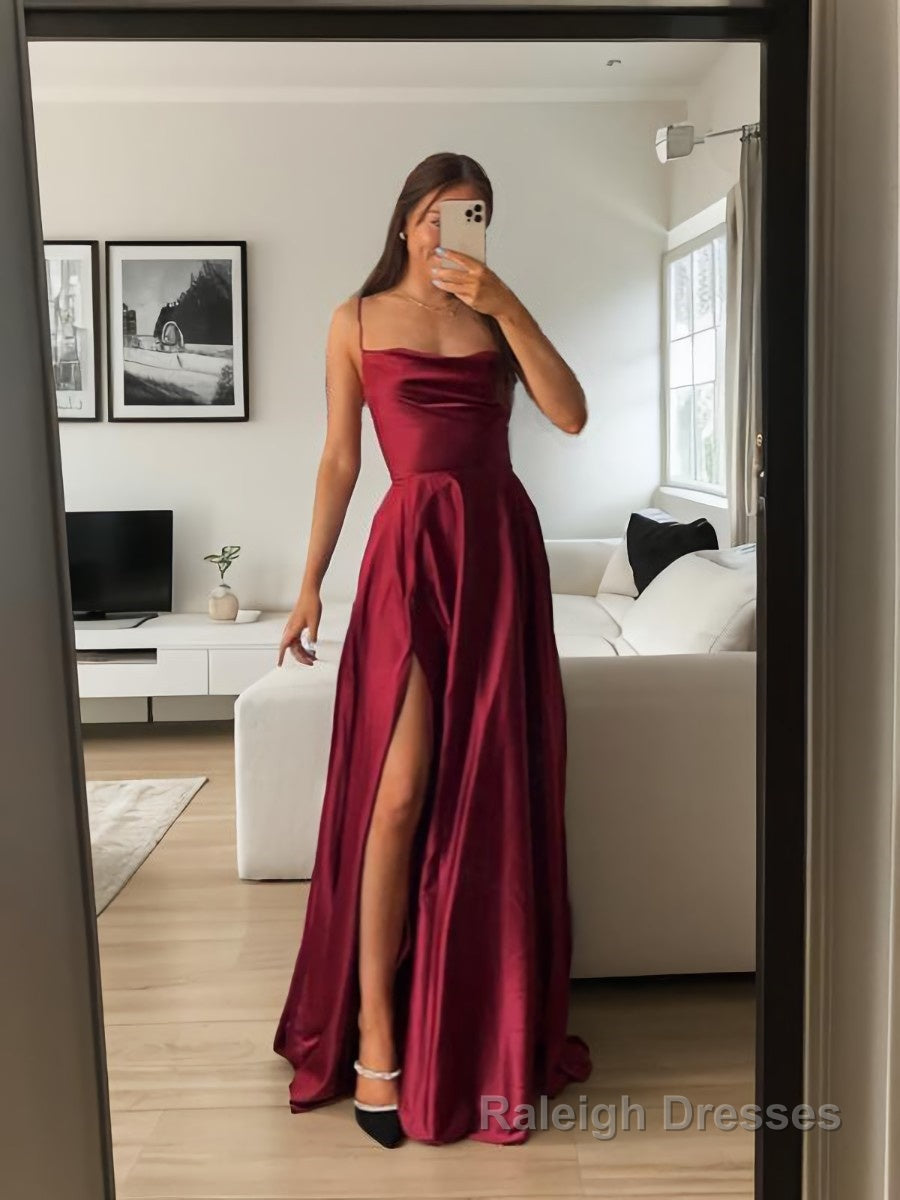 A Line Spaghetti Straps Floor Length Silk like Satin Prom Dresses With Leg Slit Main image