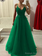 A Line Spaghetti Straps Floor Length Tulle Prom Dress With Appliques Lace