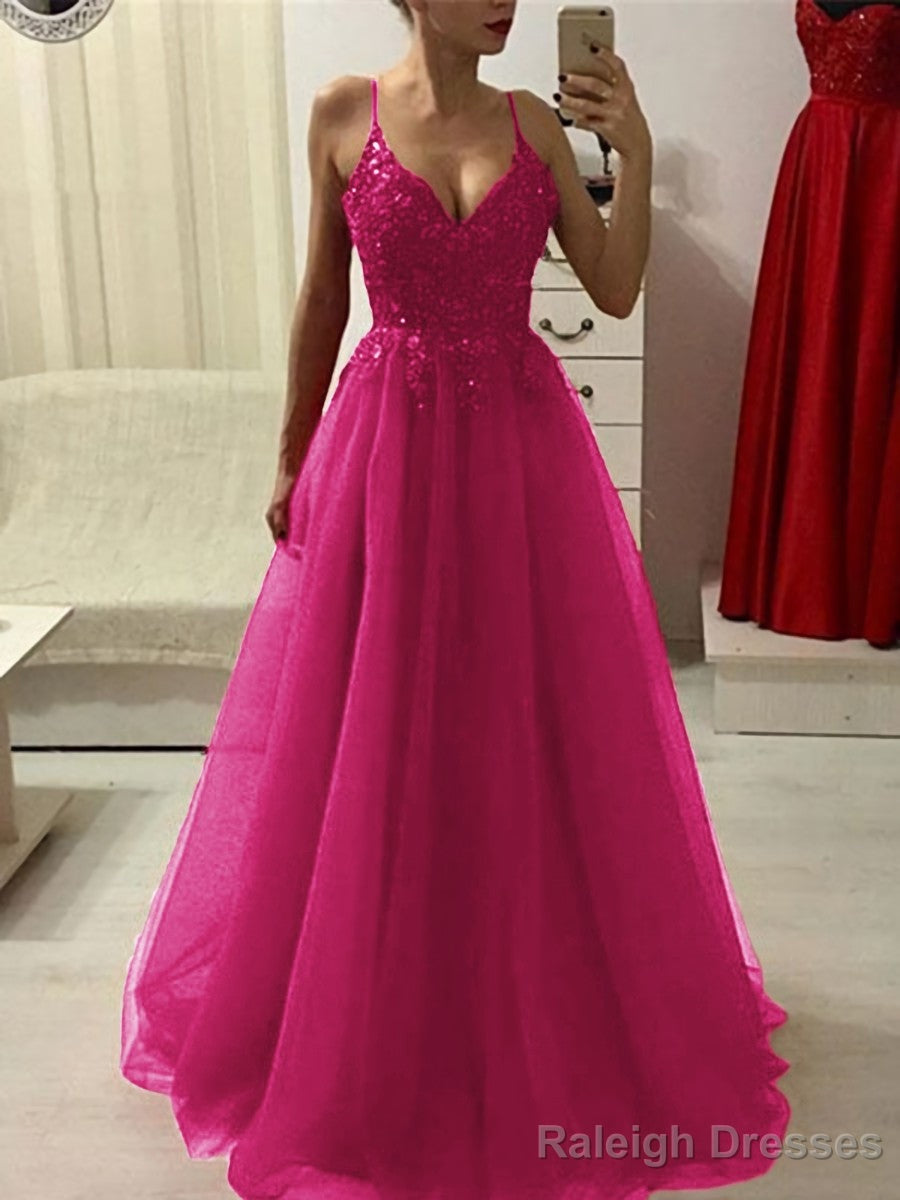 A-Line/Princess Spaghetti Straps Floor-Length Tulle Prom Dresses With Appliques Lace