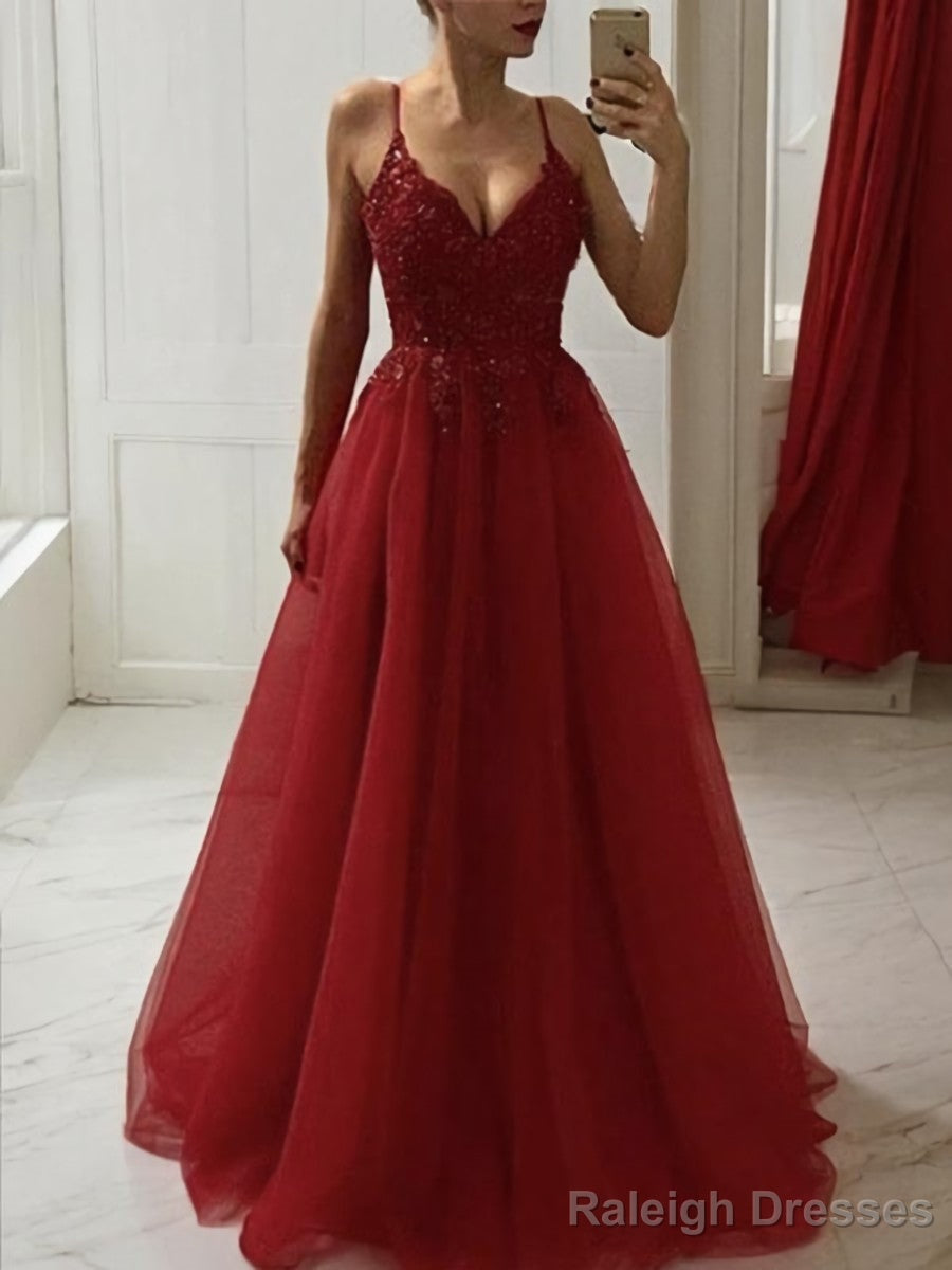 A Line Spaghetti Straps Floor Length Tulle Prom Dress With Appliques Lace Main image
