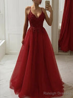A Line Spaghetti Straps Floor Length Tulle Prom Dress With Appliques Lace