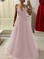 A Line Spaghetti Straps Floor Length Tulle Prom Dress With Appliques Lace