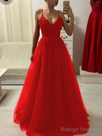 A Line Spaghetti Straps Floor Length Tulle Prom Dress With Appliques Lace