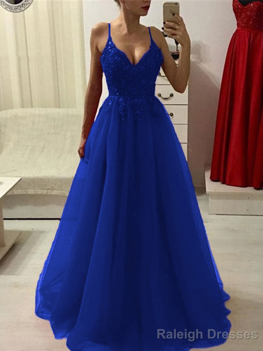 A Line Spaghetti Straps Floor Length Tulle Prom Dress With Appliques Lace