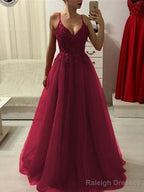 A Line Spaghetti Straps Floor Length Tulle Prom Dress With Appliques Lace