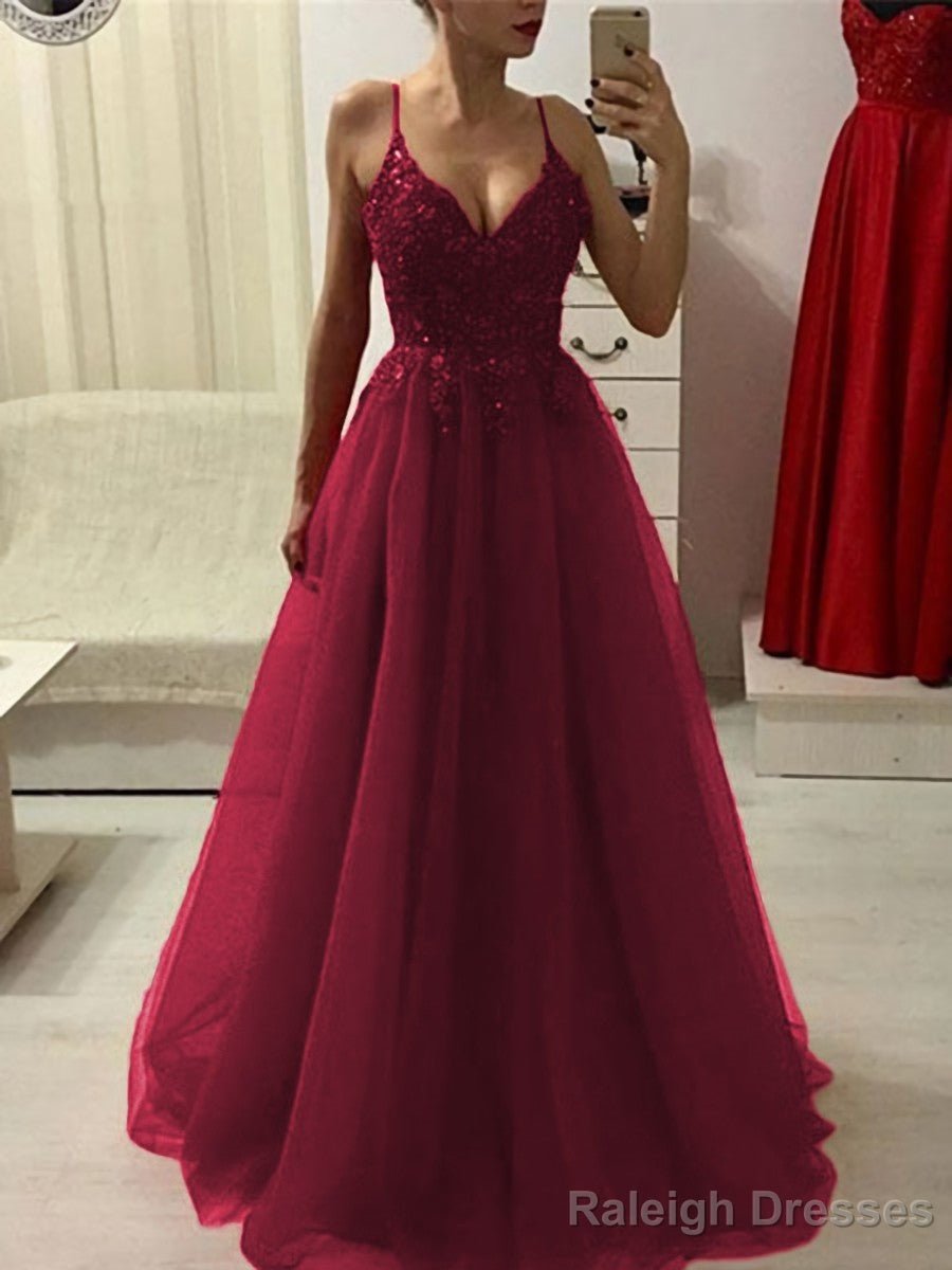 A Line Spaghetti Straps Floor Length Tulle Prom Dress With Appliques Lace