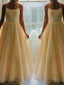 A Line Spaghetti Straps Floor Length Tulle Prom Dresses With Appliques Lace