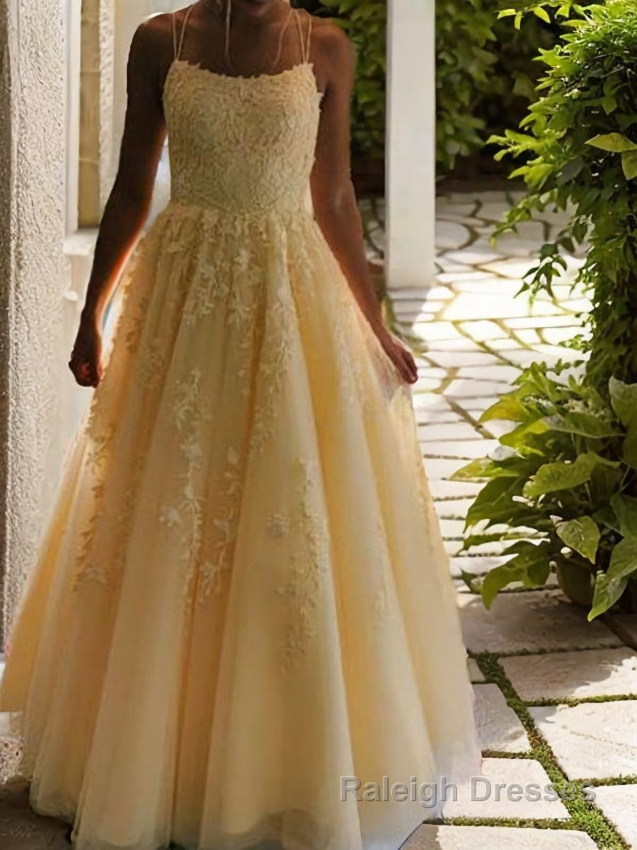 A Line Spaghetti Straps Floor Length Tulle Prom Dresses With Appliques Lace Secondary image