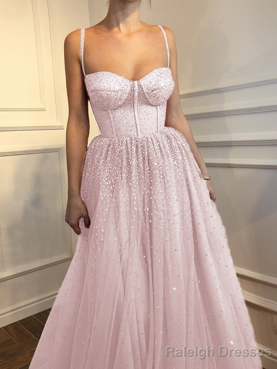 A Line Spaghetti Straps Floor Length Tulle Prom Dress With Beading