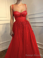 A-Line/Princess Spaghetti Straps Floor-Length Tulle Prom Dresses With Beading