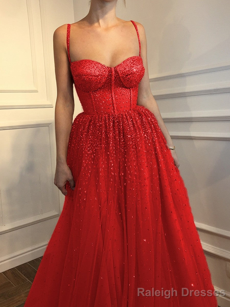 A Line Spaghetti Straps Floor Length Tulle Prom Dress With Beading