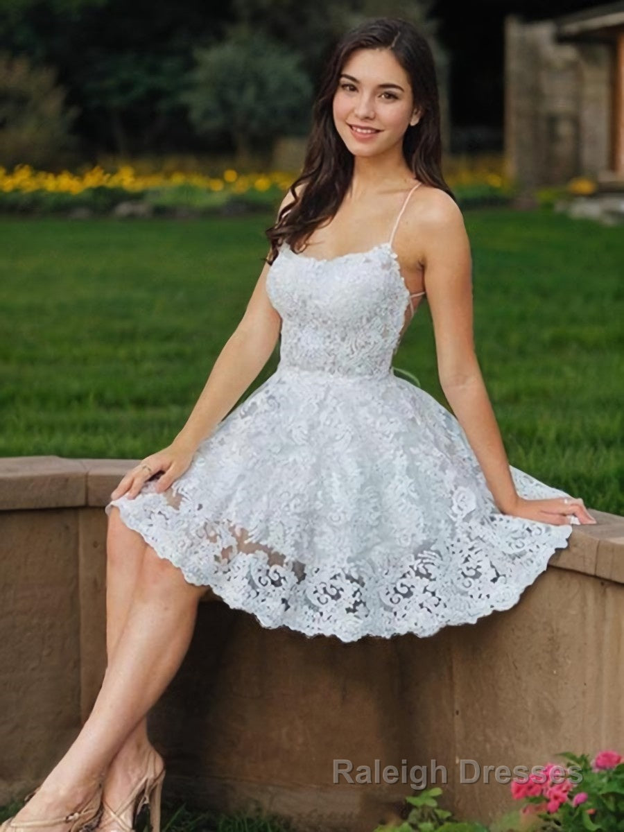 A Line Spaghetti Straps Short Mini Lace Homecoming Dresses With Appliques Lace Main image