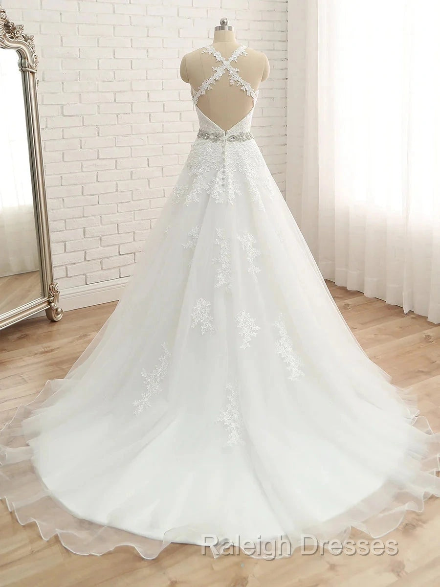A-line Spaghetti Straps Sleeveless Applique With Belt Tulle Floor-Length Wedding Dress Secondary image