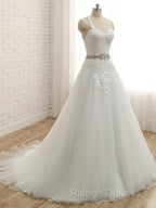 A-line Spaghetti Straps Sleeveless Applique With Belt Tulle Floor-Length Wedding Dress