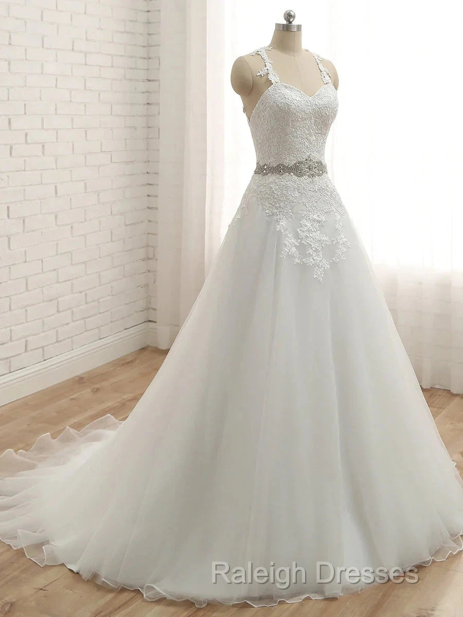 A-line Spaghetti Straps Sleeveless Applique With Belt Tulle Floor-Length Wedding Dress