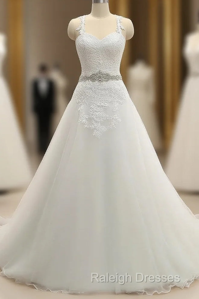 A-line Spaghetti Straps Sleeveless Applique With Belt Tulle Floor-Length Wedding Dress