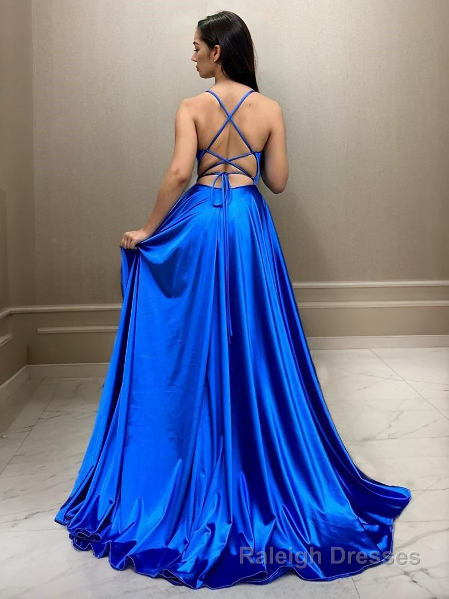 A-Line/Princess Spaghetti Straps Sweep Train Elastic Woven Satin Prom Dresses With Leg Slit Secondary image